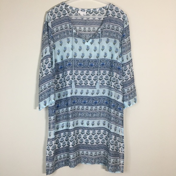 J.Jill Tunic Top Overlay Size Medium Blue Floral Soft V-Neck Long Flowy Boho - Picture 1 of 9